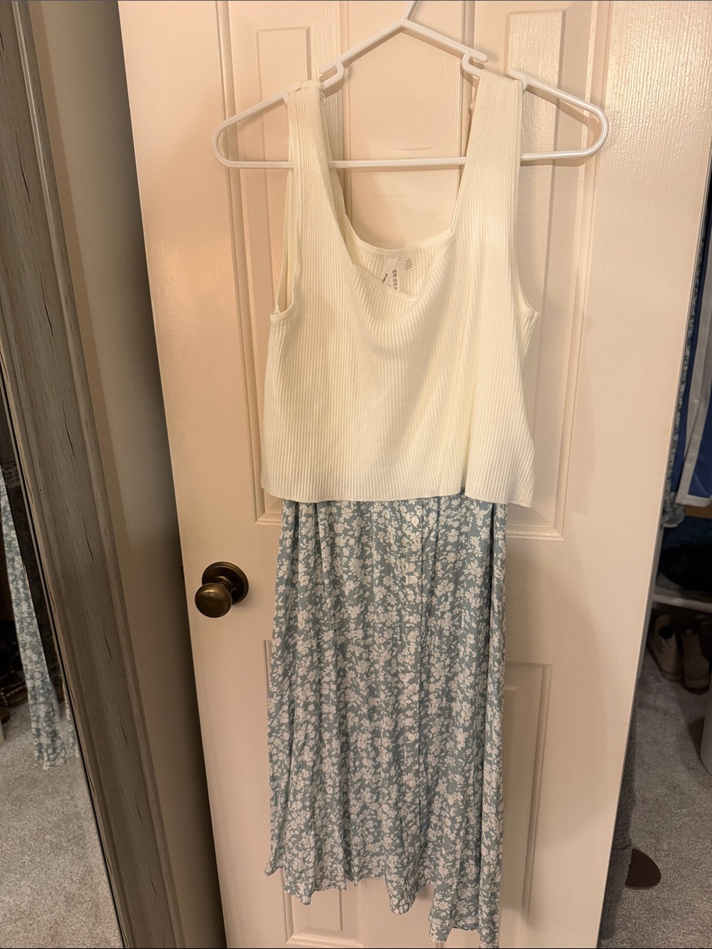 Maternity/nursing Friendly Cream Ribbed Tank Top with Light Blue Floral Dress